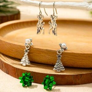 Christmas Holiday Festive Elk Reindeer Bow Tree 3 Pair Earrings